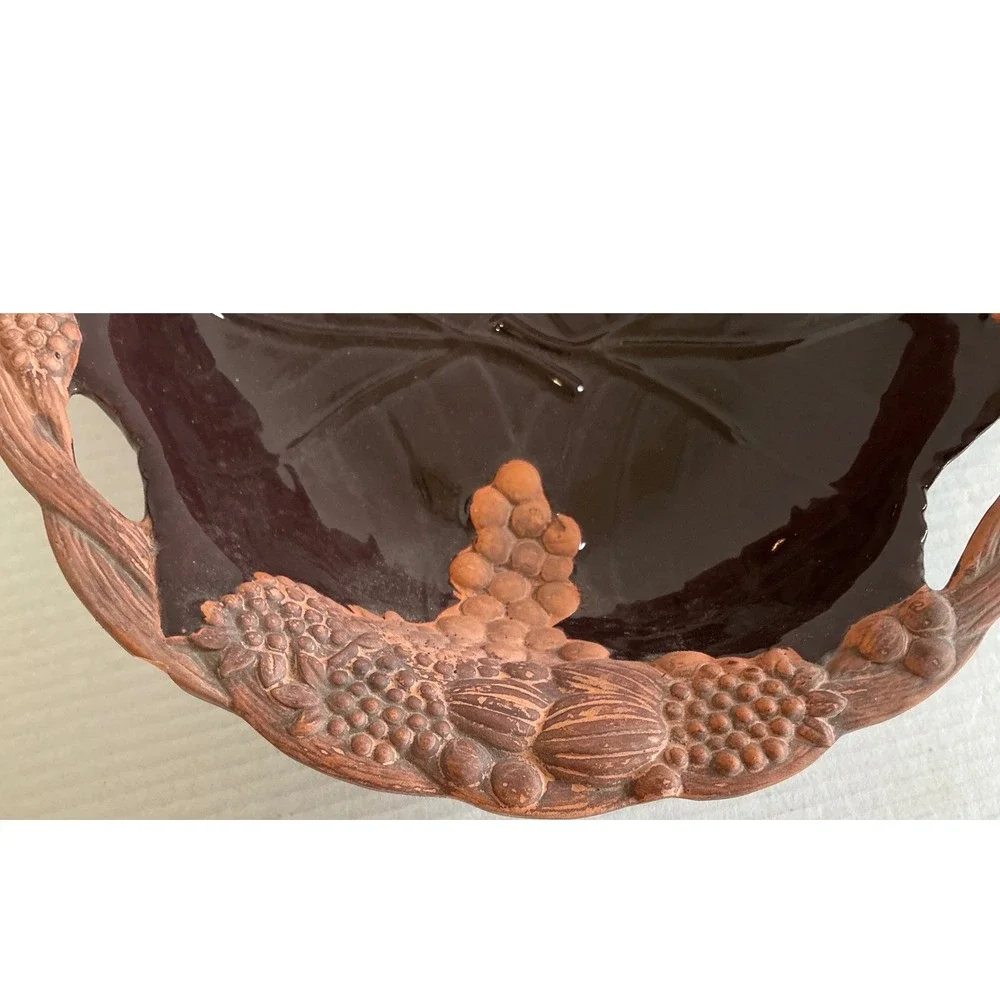 Vintage‎ Ceramic Grape Vine Fruit Bowl Hand Painted Terracotta 10in